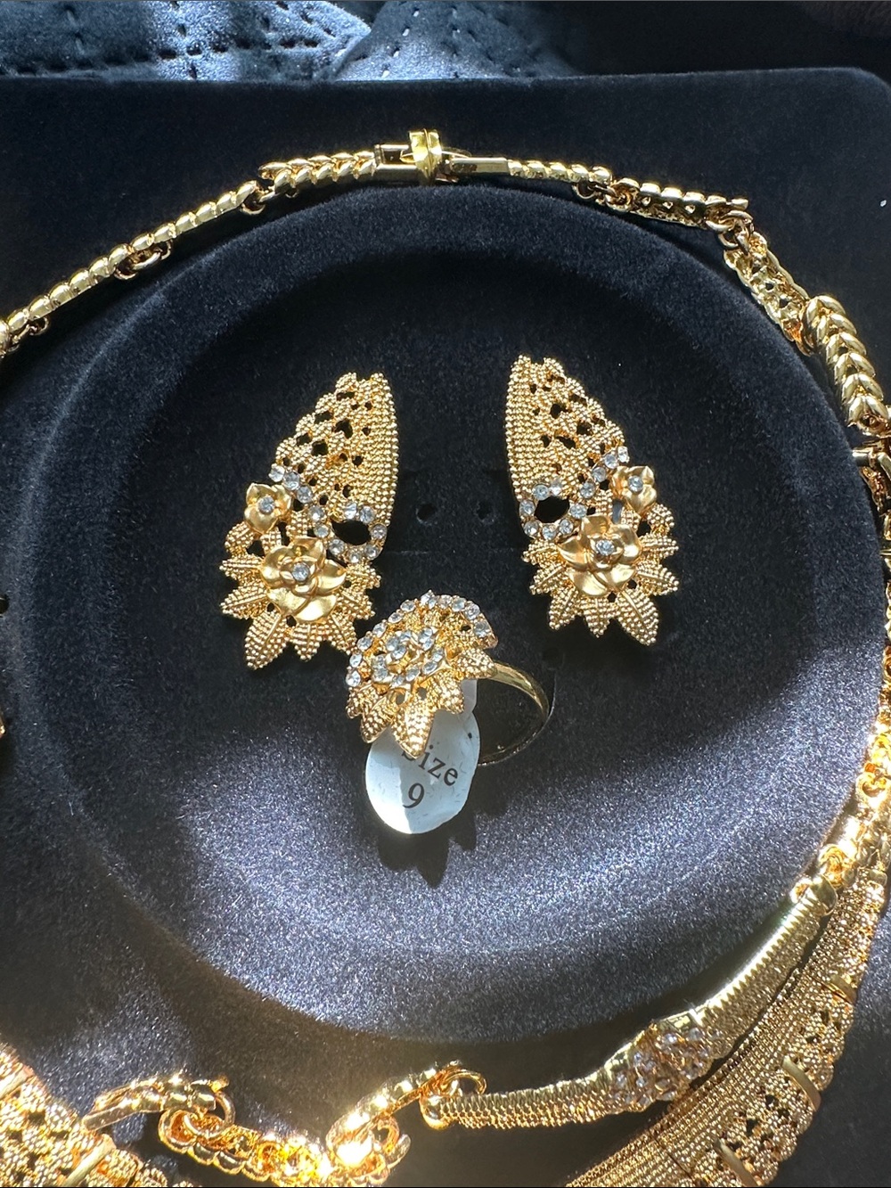 Gold Floral V-Front Necklace Set with Matching Earrings and Ring - Women Jewelry - Picture 2 of 3